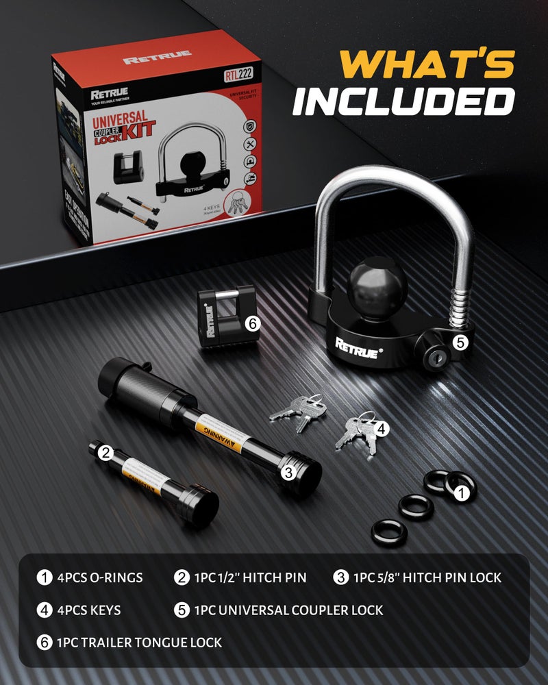 RETRUE Keyed Alike Trailer Lock Set Tow & Store Lock Kit Include Universal Coupler Lock & Dual Hitch Receiver Pin Lock & Trailer Tongue Lock, Black - Image 2